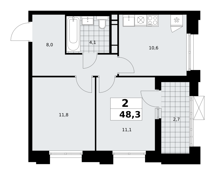 2-комнатная квартира №58К-7.1.3-496, 48,3 м² за 16,06 млн руб. в ЖК «Прокшино» - планировка