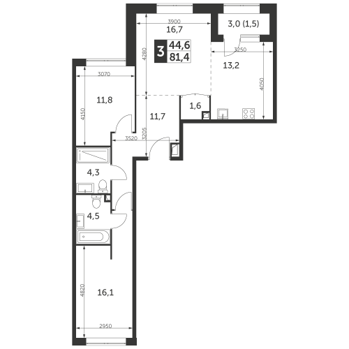 3-комнатная, квартира, 81.4 м²