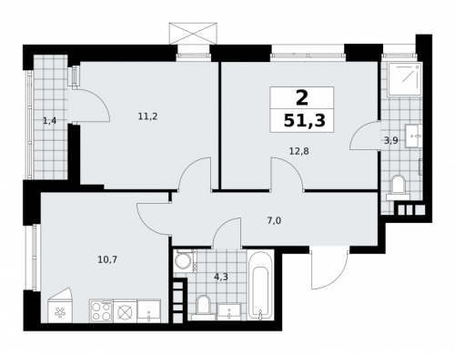 2-комнатная, 51.3 м²