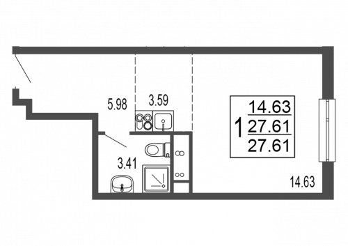 Студия, 28.1 м²