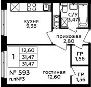 1-комнатная квартира 31,47 м²