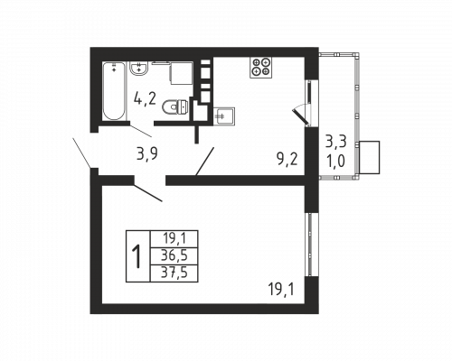 1-комнатная, квартира, 37.5 м²