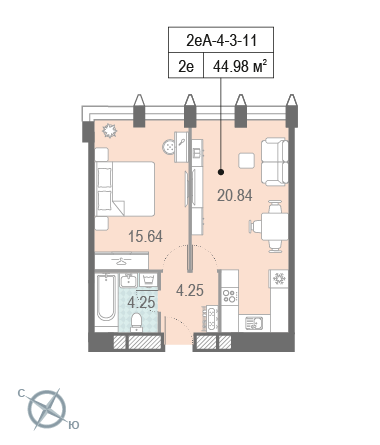 1-комнатная, квартира, 44.98 м²