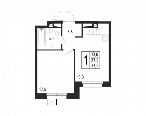 1-комнатная, квартира, 37 м²