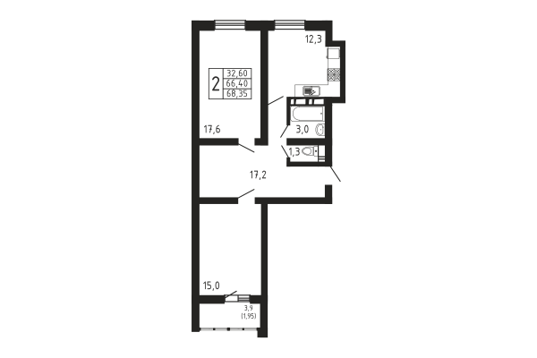 2-комнатная, квартира, 68.35 м²