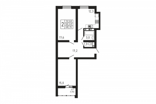 2-комнатная, квартира, 68.35 м²