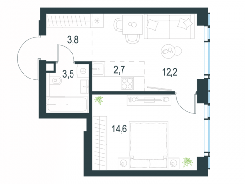 2-комнатная, 36.8 м²