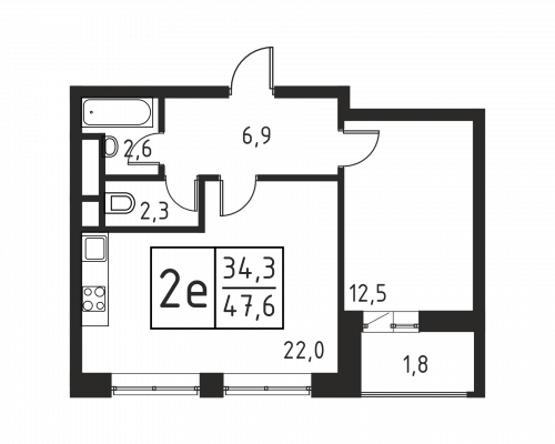 2-комнатная, квартира, 46.3 м²