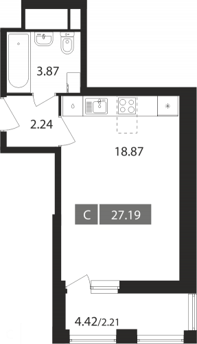 Студия, 27.19 м²