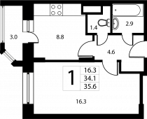 1-комнатная квартира 35,6 м²