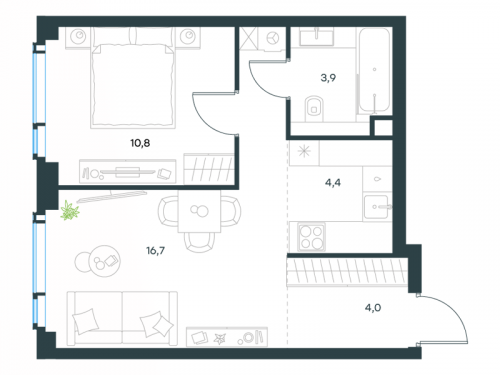 2-комнатная, 39.8 м²