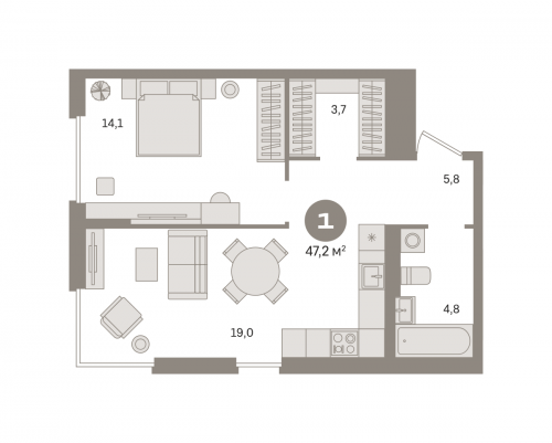 1-комнатная, квартира, 47.21 м²