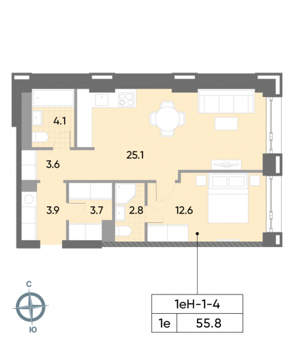 1-комнатная, квартира, 55.8 м²