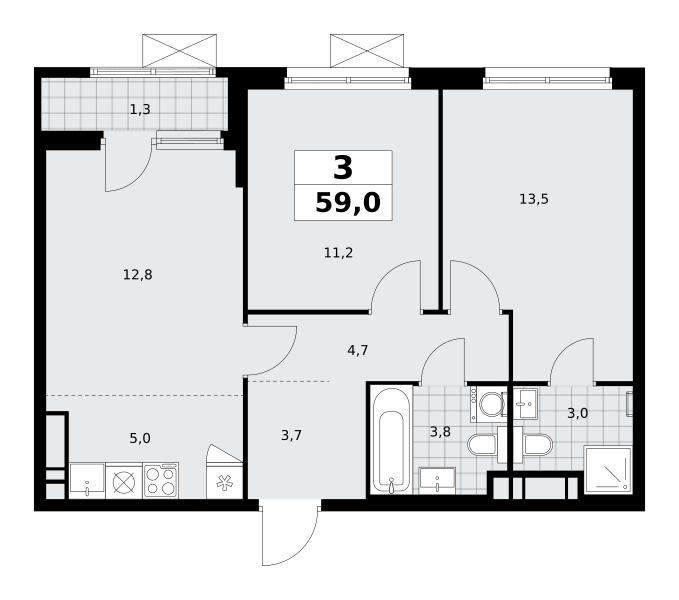 3-комнатная квартира №58К-7.1.1-117, 59,0 м² за 16,75 млн руб. в ЖК «Прокшино» - планировка
