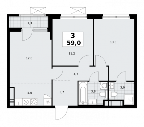 3-комнатная, 59 м²