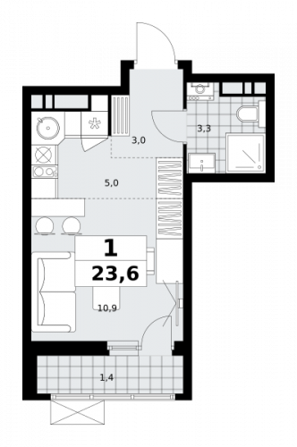 1-комнатная, 23.6 м²