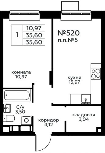 1-комнатная, 35.6 м²