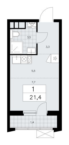 1-комнатная, 21.4 м²