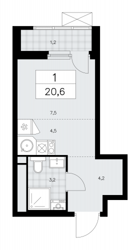 1-комнатная, 20.6 м²