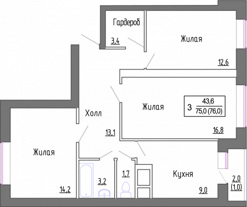 3-комнатная, 74.4 м²