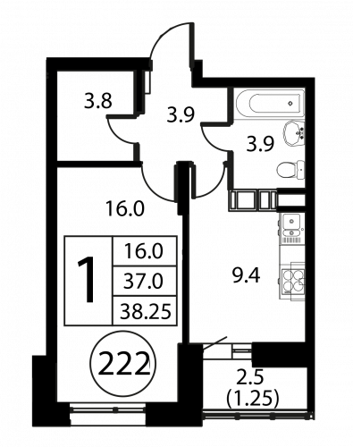 1-комнатная, квартира, 38.25 м²