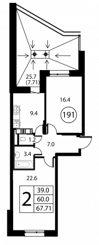 2-комнатная, квартира, 67.71 м²