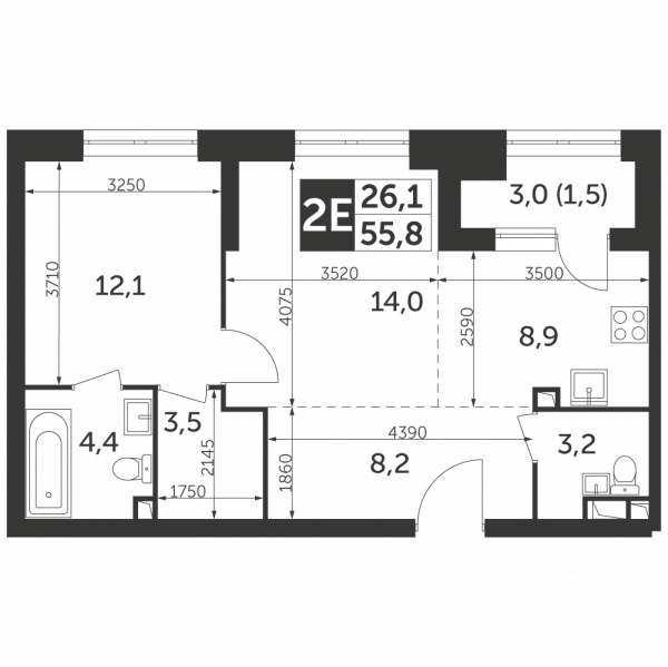 2 комнаты до 55.8
