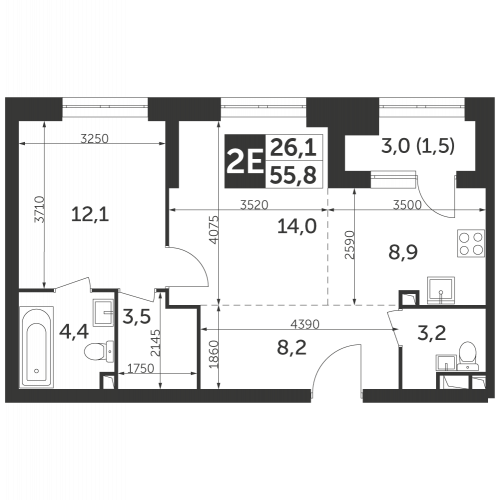 2-комнатная, квартира, 55.8 м²