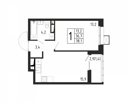 1-комнатная, квартира, 38.1 м²