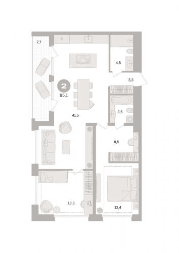 2-комнатная, квартира, 95.1 м²