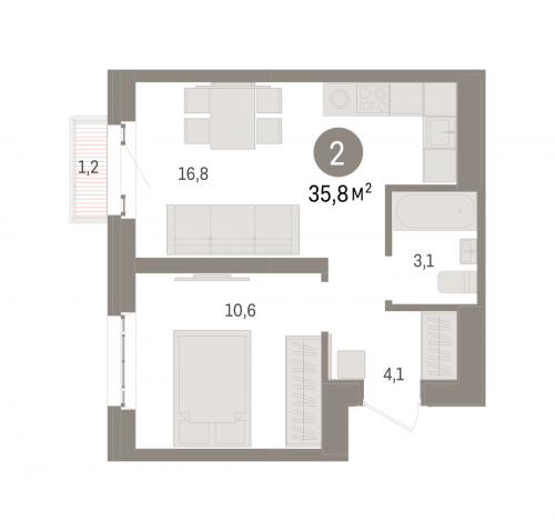 2-комнатная, квартира, 35.8 м²
