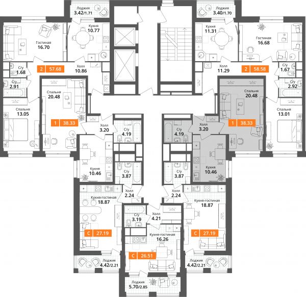 1 комната до 38.33