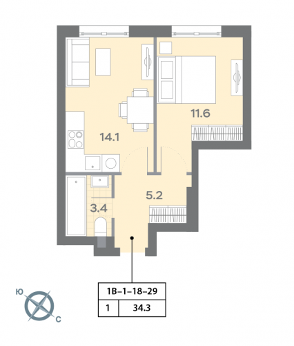 1-комнатная, квартира, 34.3 м²