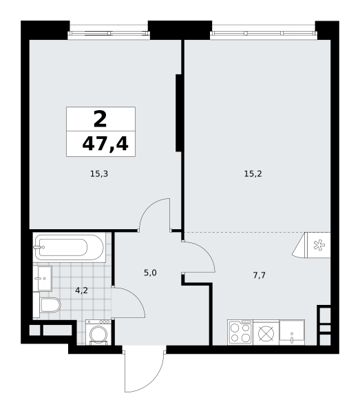 2-комнатная квартира №58К-7.1.1-38, 47,4 м² за 13,21 млн руб. в ЖК «Прокшино» - планировка