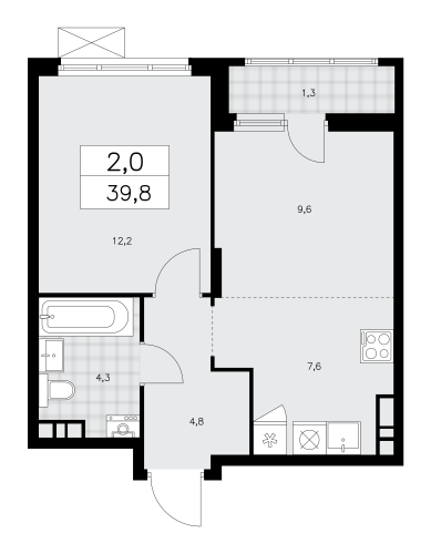 2-комнатная, 39.8 м²