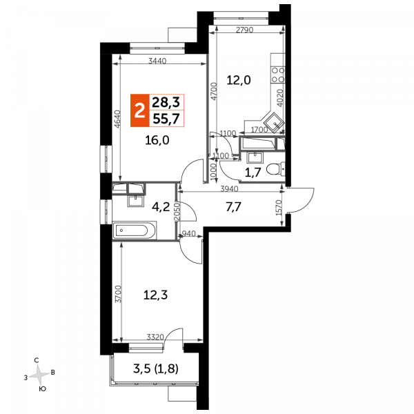2 комнаты до 55.7