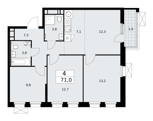 Многокомнатная, 71 м²