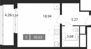 1-комнатная квартира 30,03 м²