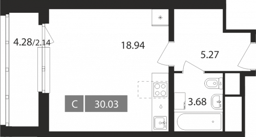 Студия, 30.03 м²