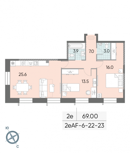 2-комнатная, 69 м²