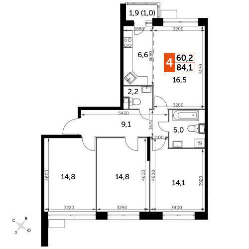 Многокомнатная, 84.1 м²