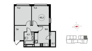 2-комнатная квартира 45,1 м²