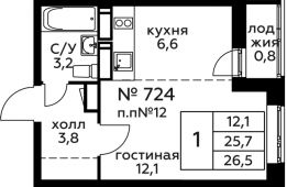 1-комнатная квартира 26,5 м²