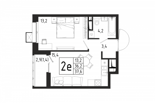1-комнатная, квартира, 37.6 м²