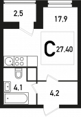 1-комнатная квартира 27,4 м²