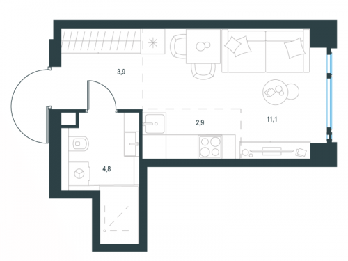 Студия, 22.7 м²
