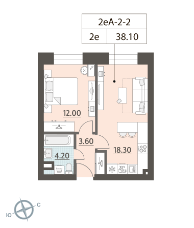 1-комнатная, квартира, 38.1 м²