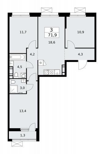 3-комнатная, 71.9 м²