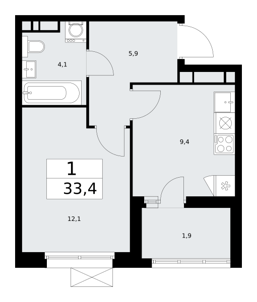 1-комнатная квартира №24К-25.3-429, 33,4 м² за 11,84 млн руб. в ЖК «Скандинавия» - планировка