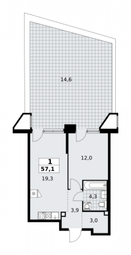 1-комнатная, 57.1 м²